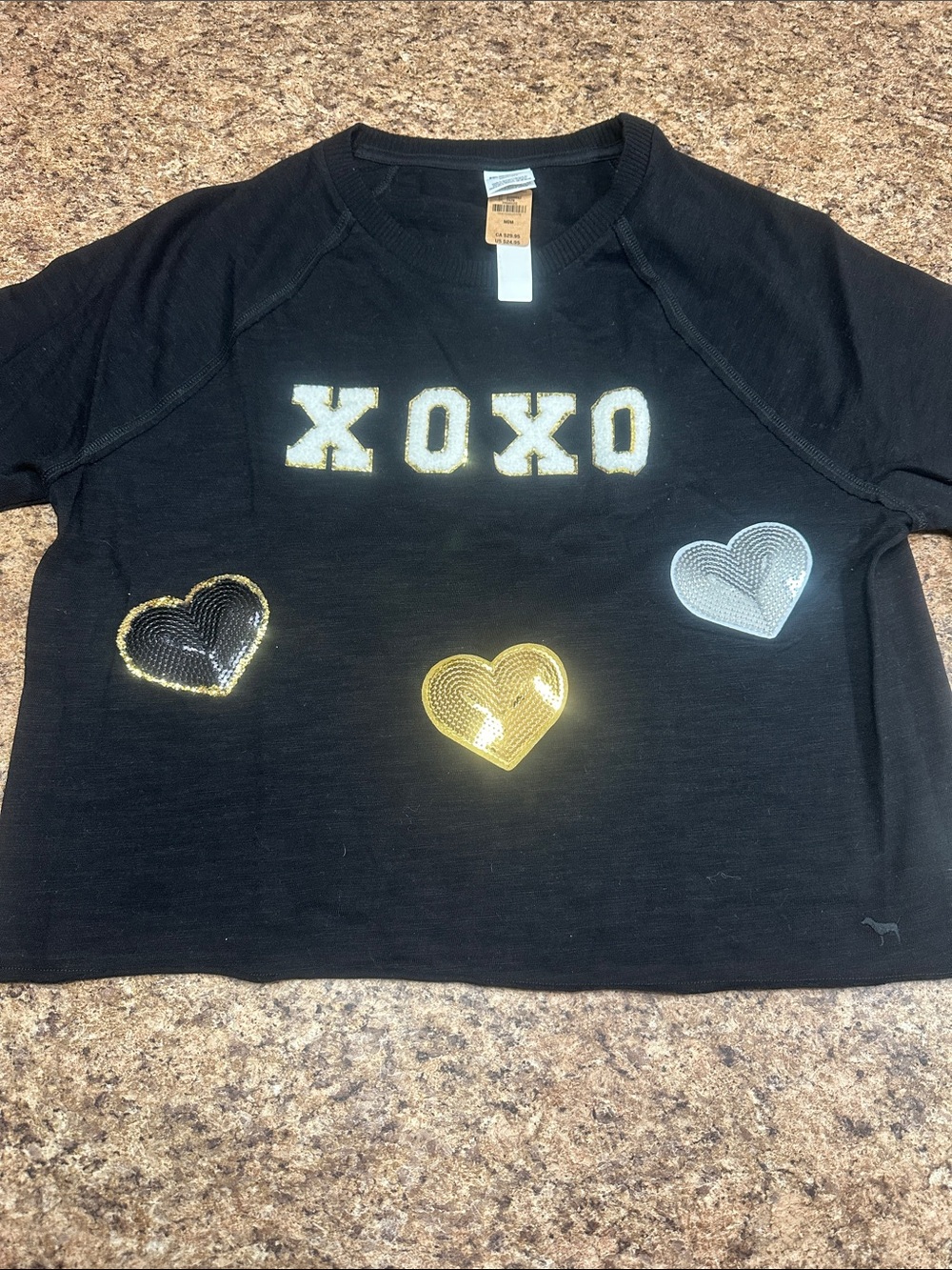 NWT PINK Victoria's Secret Custom Valentines XOXO Sequin Heart Short Sleeve Tee